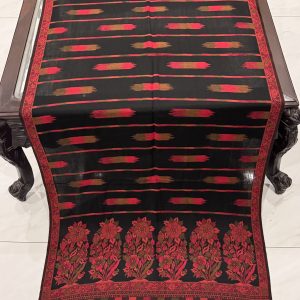 Black Kani Pashmina Stole with Multicolour Ikat-Inspired Motifs & Floral Border (28×70 inches)