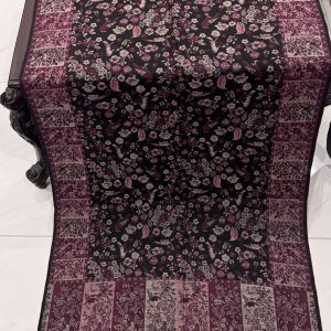 Black & Burgundy Floral Kani Pashmina Stole with Kashmiri Bird Motifs