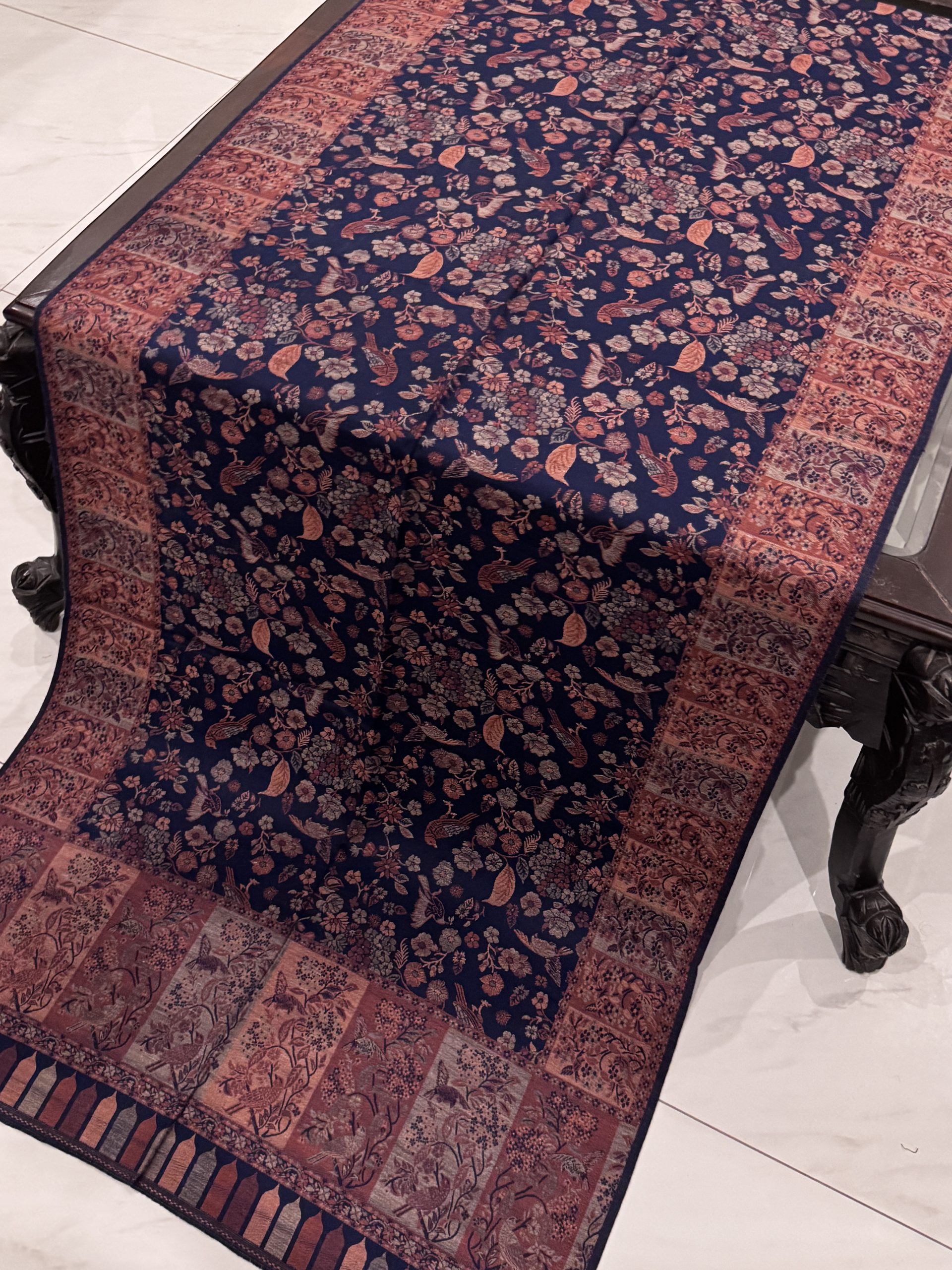 Navy Blue & Peach Floral Kani Pashmina Stole with Kashmiri Bird Motifs - Image 3