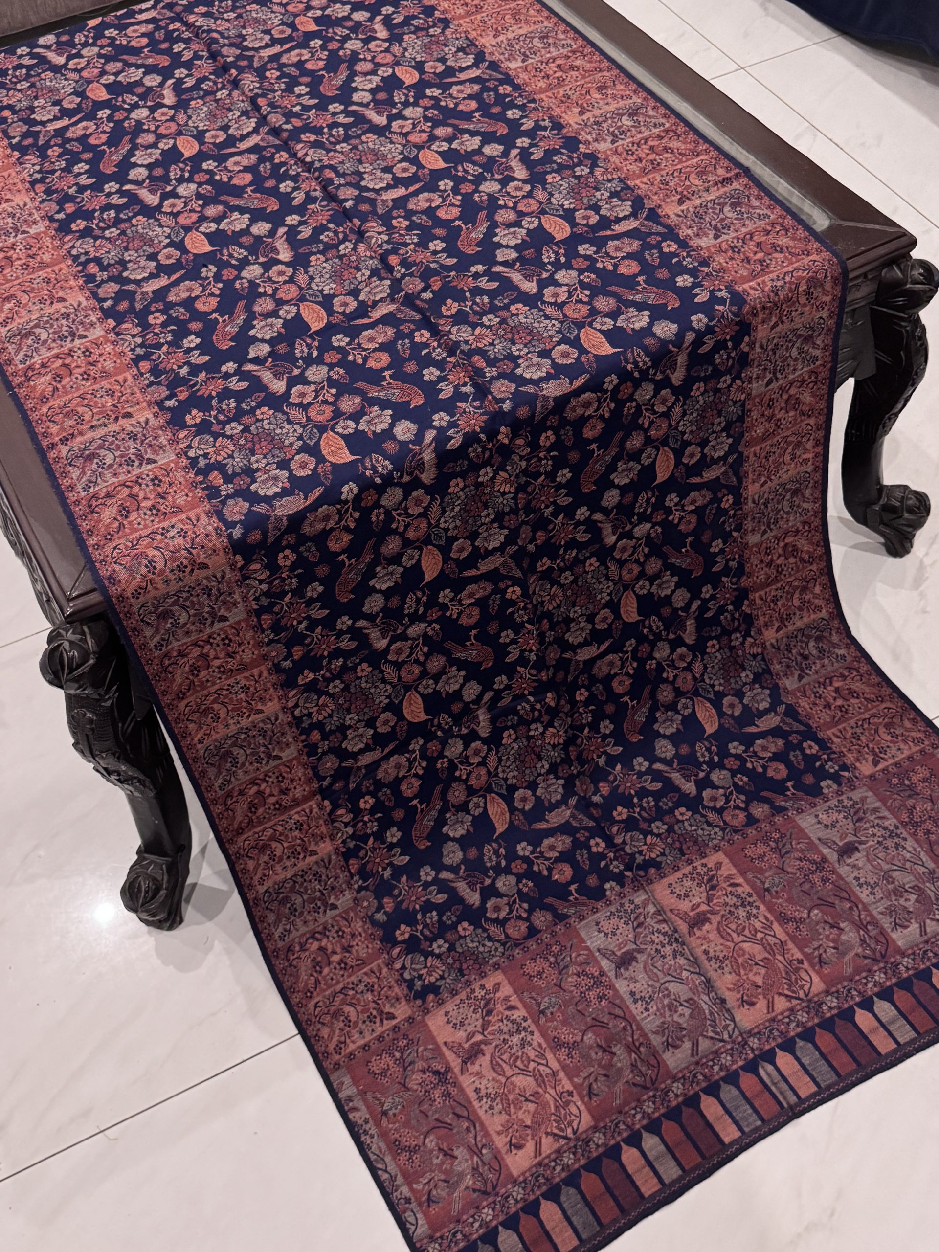 Navy Blue & Peach Floral Kani Pashmina Stole with Kashmiri Bird Motifs - Image 2