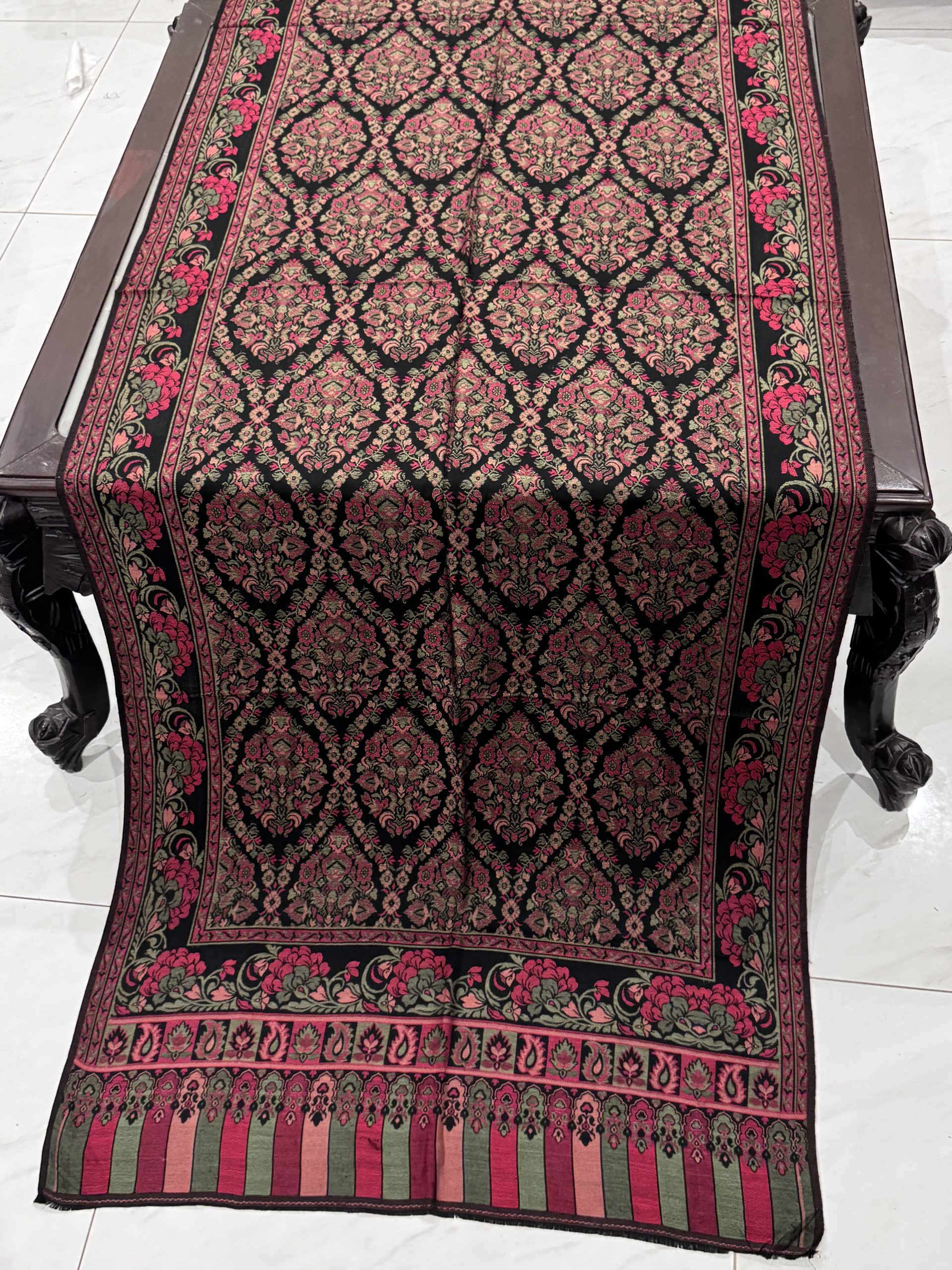 Black Floral Kani Pashmina Stole with Ornamental Medallion Motifs