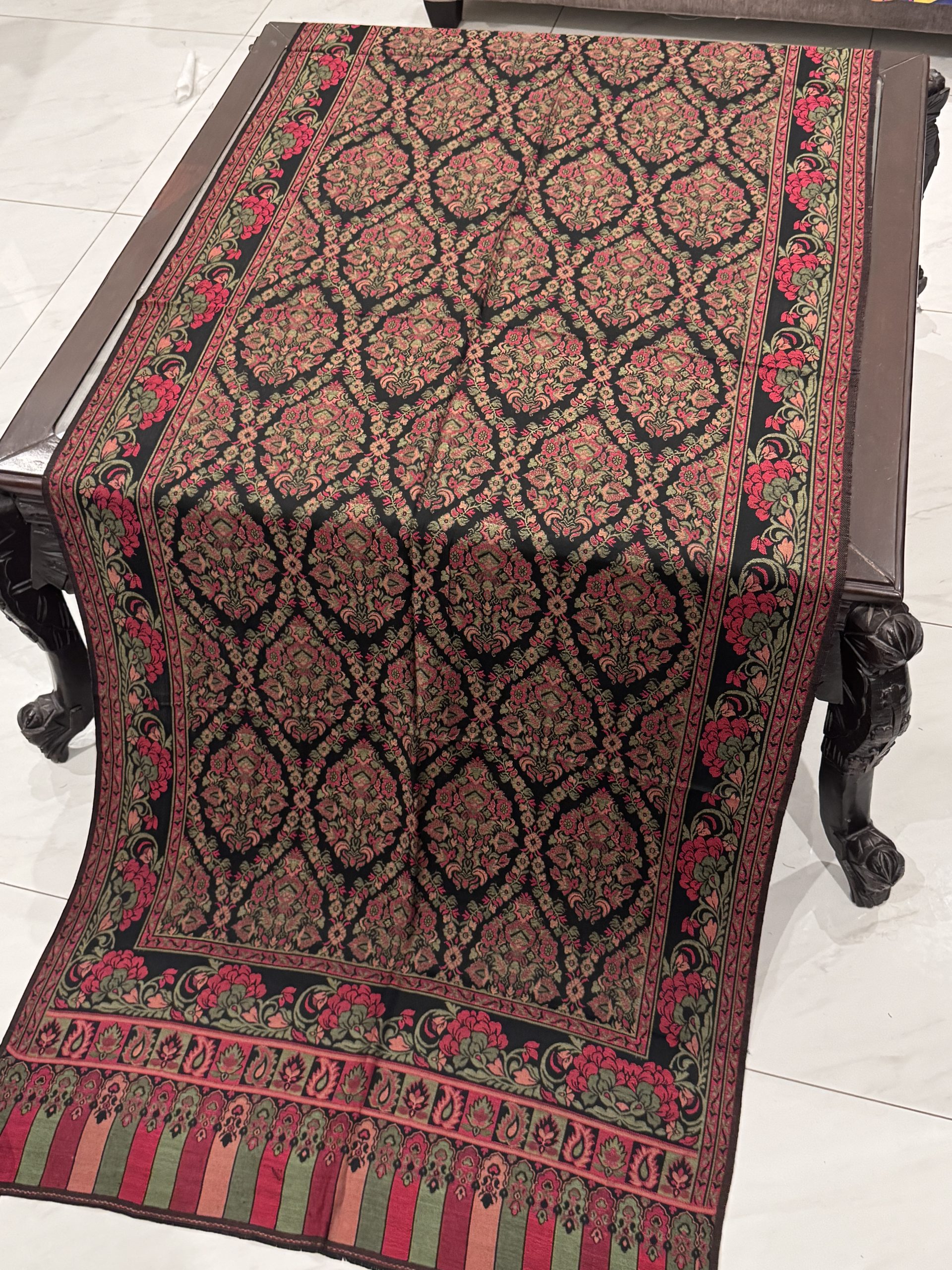 Black Floral Kani Pashmina Stole with Ornamental Medallion Motifs - Image 2