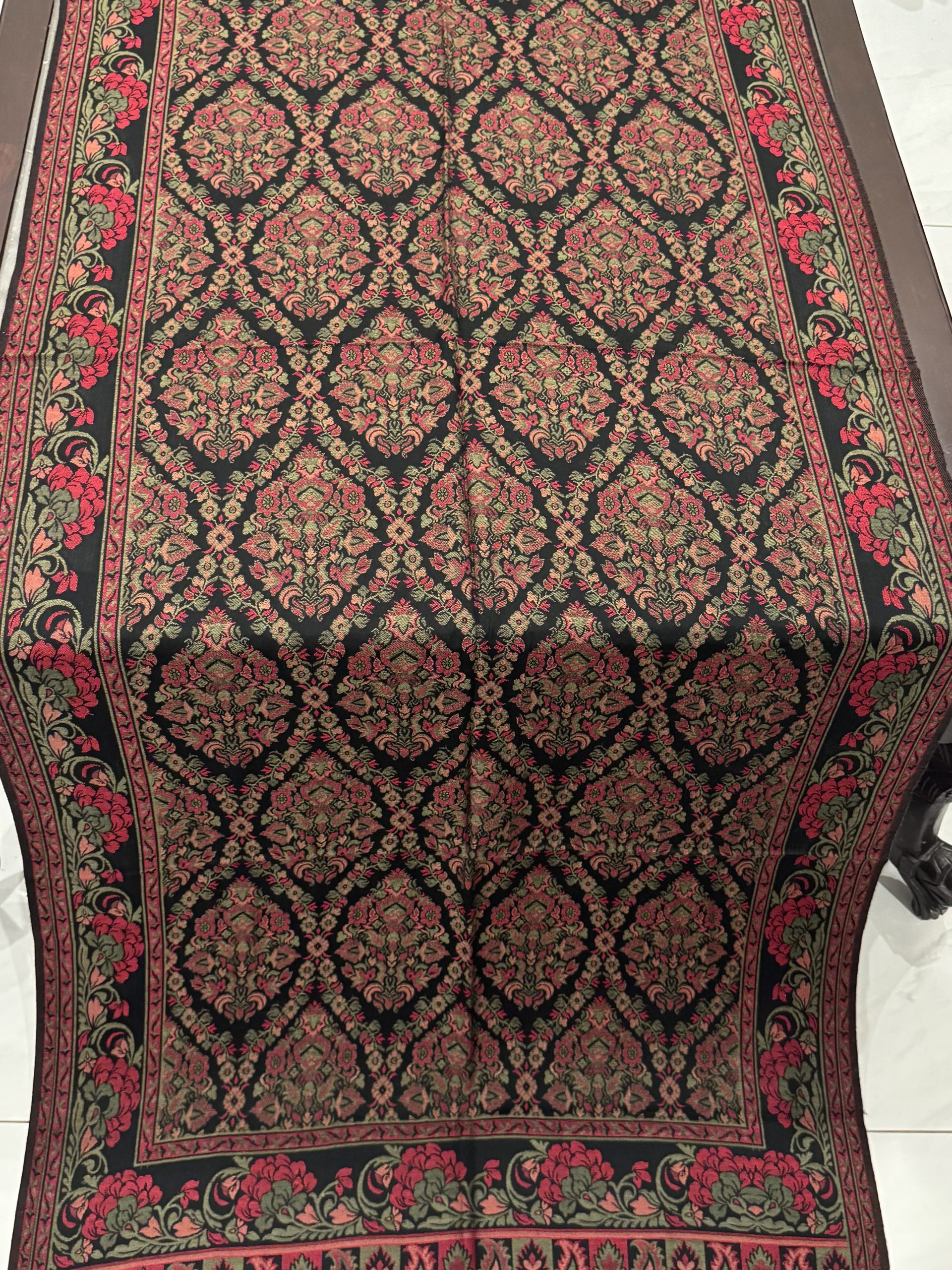Black Floral Kani Pashmina Stole with Ornamental Medallion Motifs - Image 3