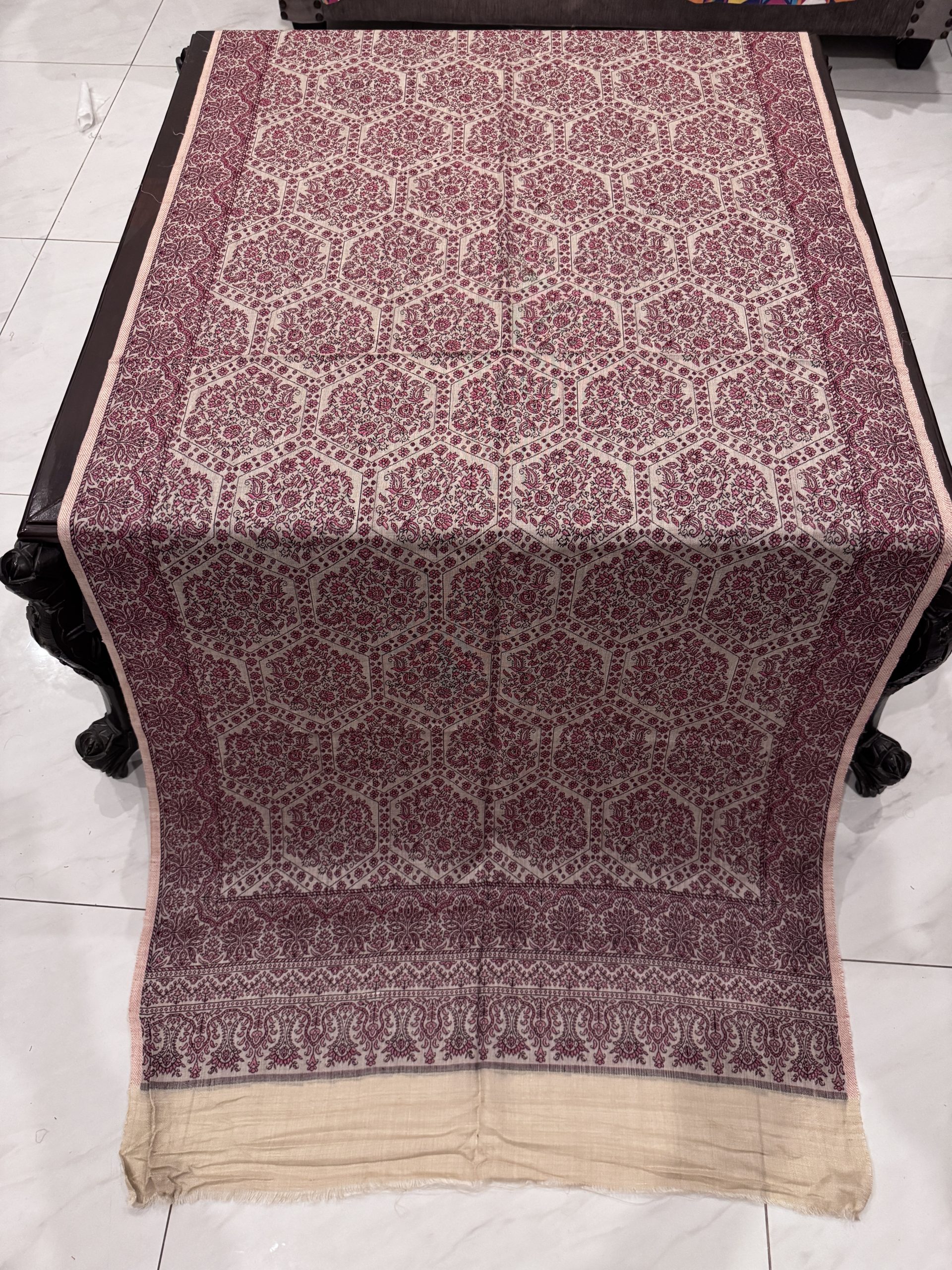 Ivory & Maroon Floral Kani Pashmina Stole with Geometric Medallion Motifs