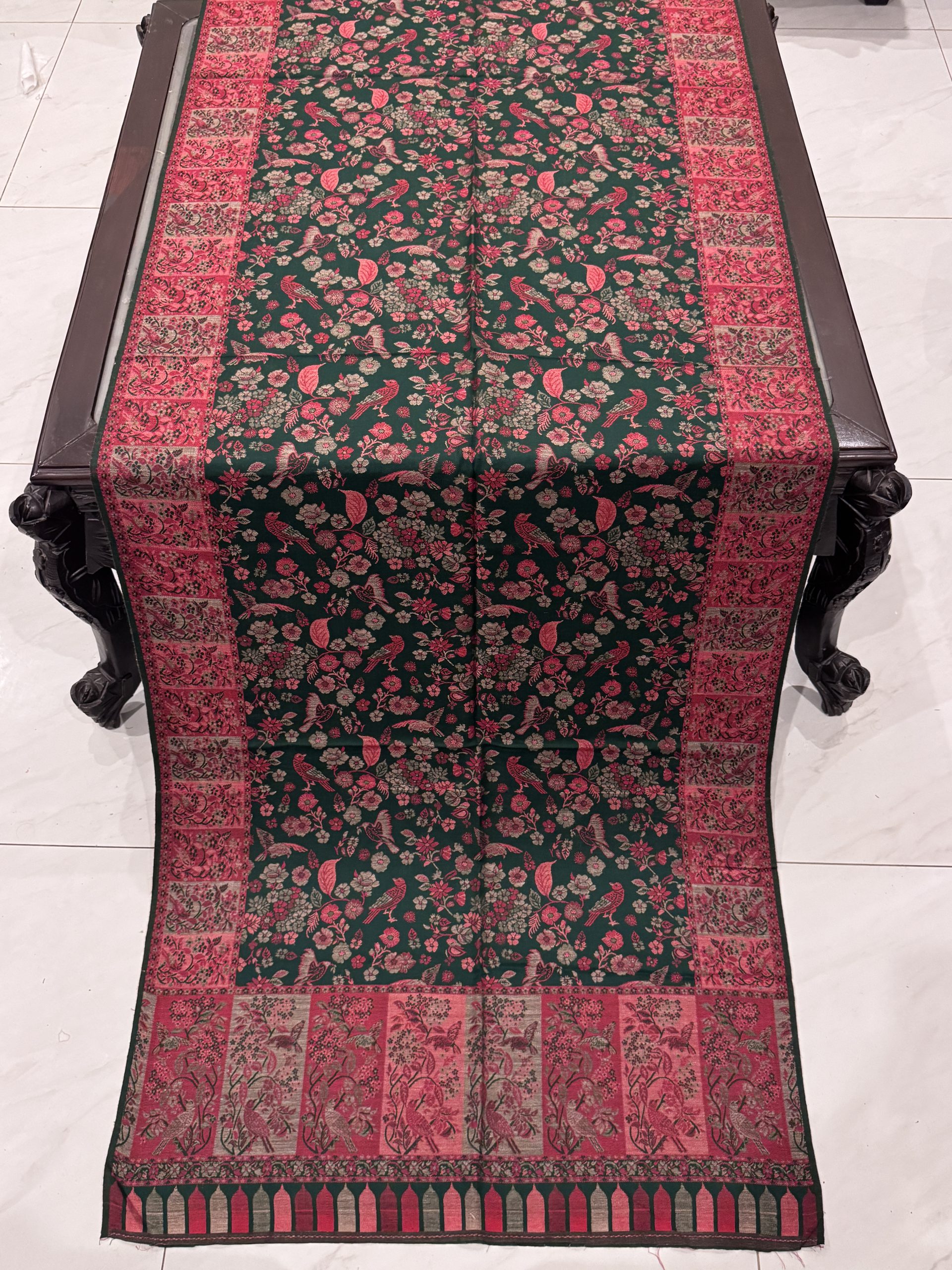 Deep Green Floral Kani Pashmina Stole with Kashmiri Bird Motifs