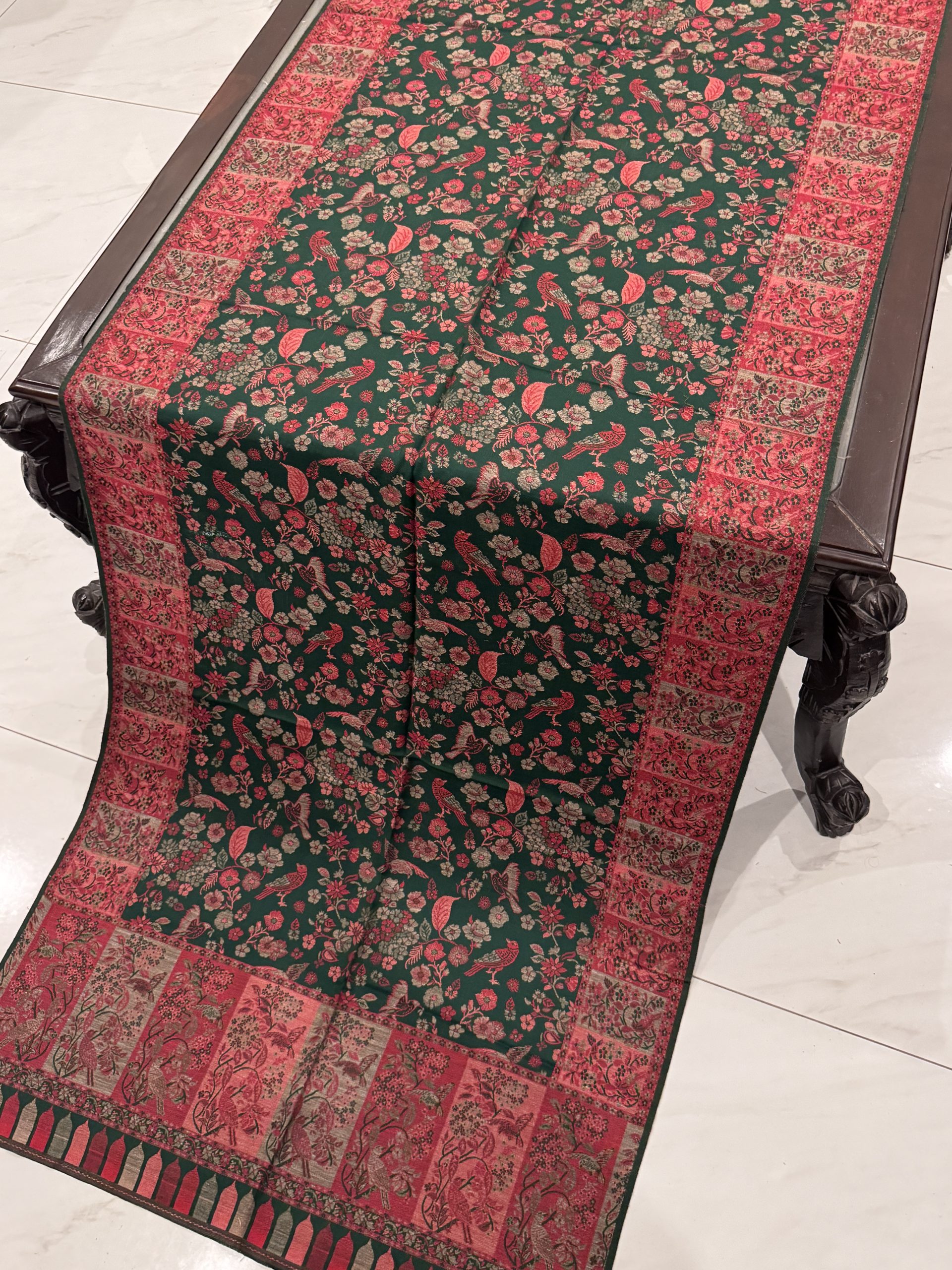 Deep Green Floral Kani Pashmina Stole with Kashmiri Bird Motifs - Image 2