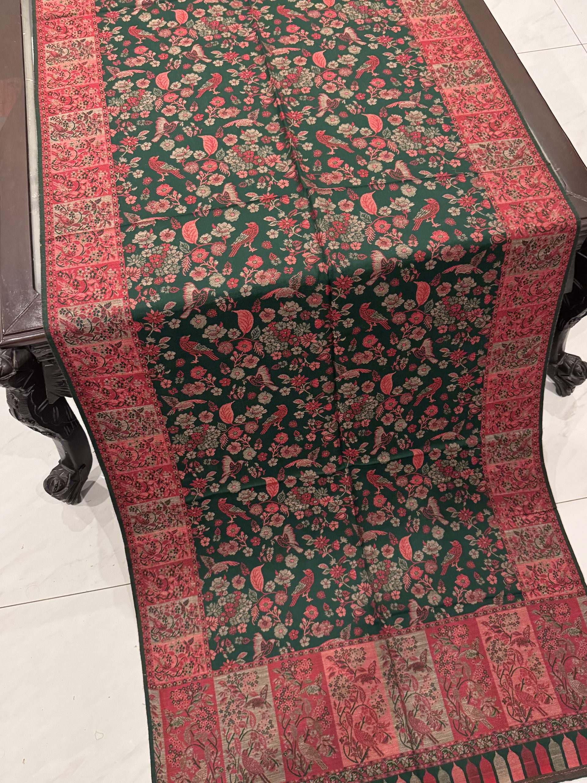 Deep Green Floral Kani Pashmina Stole with Kashmiri Bird Motifs - Image 3