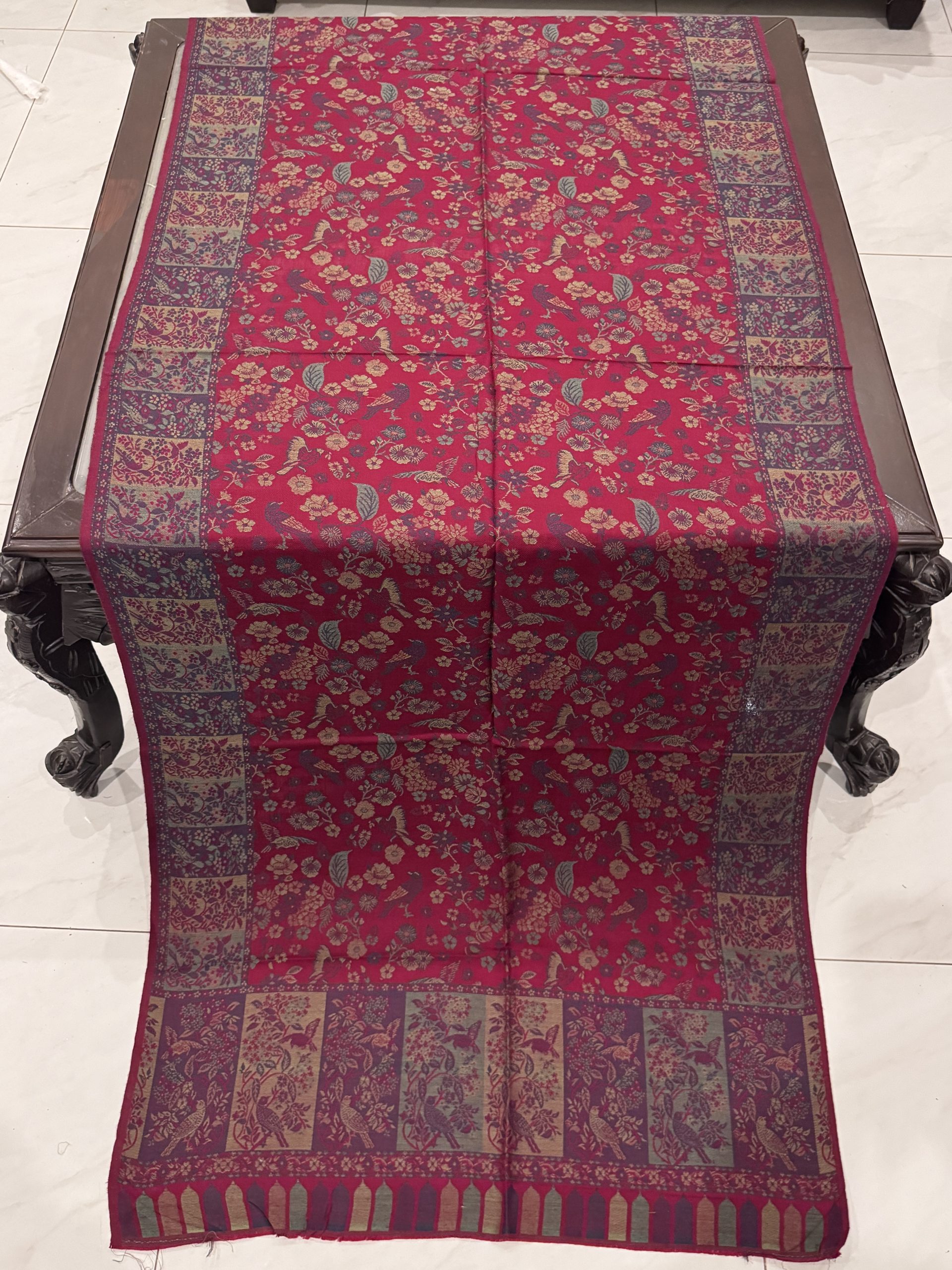 Maroon & Multicolour Floral Kani Pashmina Stole with Kashmiri Bird Motifs