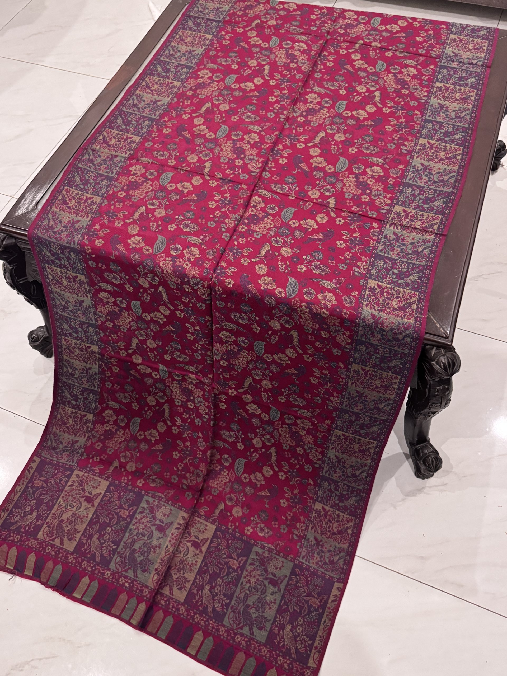 Maroon & Multicolour Floral Kani Pashmina Stole with Kashmiri Bird Motifs - Image 2