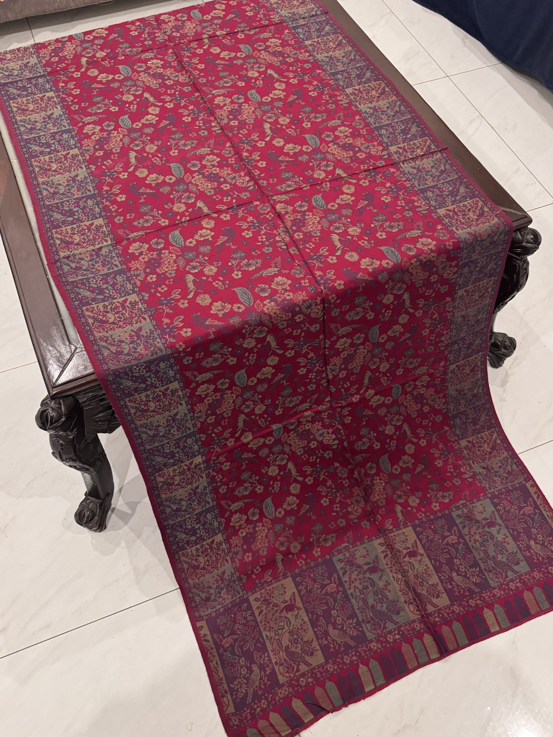 Maroon & Multicolour Floral Kani Pashmina Stole with Kashmiri Bird Motifs - Image 3