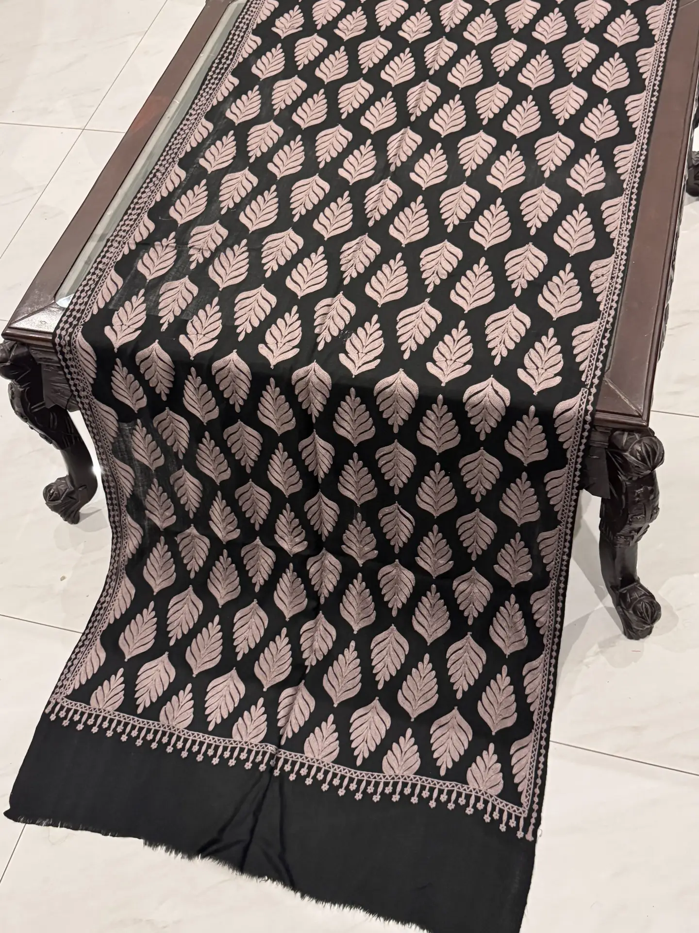 Black Pashmina Stole with Leaf Motif Embroidery (28×80 inches) - Image 2