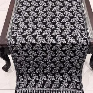 Black Pashmina Stole with Light Grey Floral Vine Embroidery (28×80 inches)